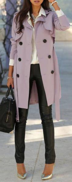 Lavender trench coat, leather leggings, button up