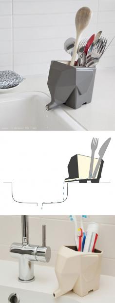 Elephant Cutlery Drainer by Peleg - his trunk directs the runoff water back into the sink! Ohmygosh adorable