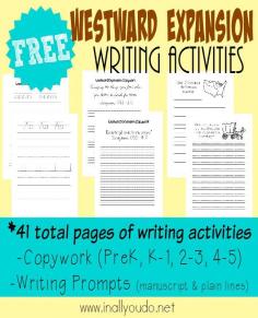 Help kids explore history with these FREE Westward Expansion Writing Activities. Includes 41 total pages of Copywork & Writing Prompts. :: www.inallyoudo.net