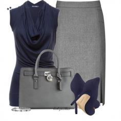 gray pencil skirt, sleeveless draped navy blouse, navy heels, gray purse