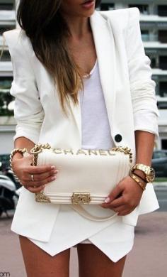 All white outfit, white Chanel bag