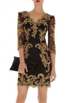 BLACK GOLD LACE EMBROIDERY BAROQUE PROM WEDDING COCKTAIL DRESS UK 8 10 12 14 16 on The Hunt