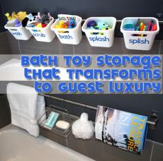 BATH TUB TOY STORAGE! Use an Ikea Grundtal rail to create stylish bath tub toy storage that can quickly transform to a spa like storage solution for out of town guests {blue i style}