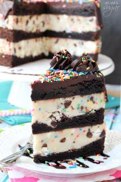 Funfetti Cake Batter Cookie Dough Brownie Layer Cake - eggless cake batter cookie dough layered with brownies! HOLY CRAP