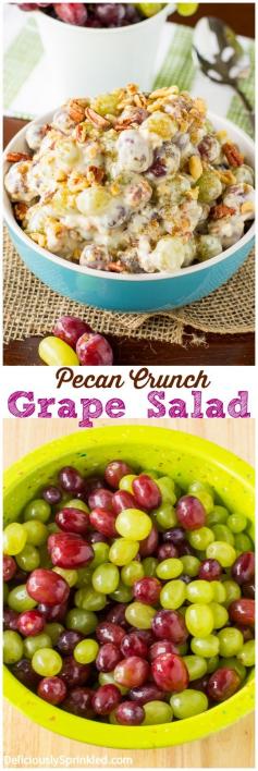 This Pecan Crunch Grape Salad 1 cup (8 ounces) sour cream 1 package (8 ounces) cream cheese, softened 1/2 cup granulated sugar 2 teaspoons vanilla extract Pecan Crunch Topping: 1 cup dark brown sugar, packed 1 cup chopped pecans 1 cup chopped walnuts