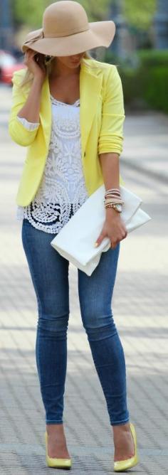 Yellow blazer and lace shirt