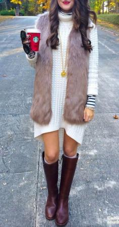 faux fur vest over sweater dress!