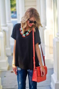 Jeans, tee, colorful necklace. Love using the purse and statement necklace as the pops of color in this outfit! Esp the necklace!