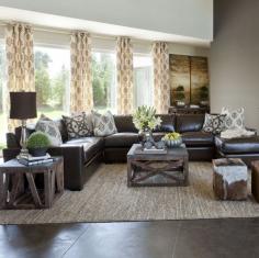 leather sectional and rustic tables