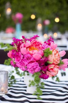 pretty pink flowers centerpiece + black  white stripes