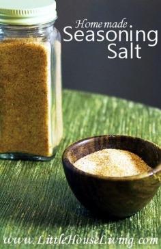 Homemade Seasoning Salt Recipe...Seasoning Salt Recipe      1/2 cup sea salt     1 tbsp sugar     1 tbsp garlic powder     1 tbsp paprika     2 tsp onion powder     1/2 tsp turmeric     1/2 tsp pepper  - Little House Living