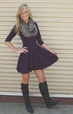 plum dress, boots and infinity scarf