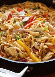 Cajun Chicken Pasta on the Lighter Side | Skinnytaste, 1 1/2 cups= 325 calories  Cajun spiced pasta tossed with chicken strips, bell peppers, red onion, mushrooms and scallions in a creamy light sauce.   One of the easiest ways to lighten up a pasta dish is to add tons of protein and vegetables to your dish which keeps the portions large and the carbs low and this dish is a perfect example.