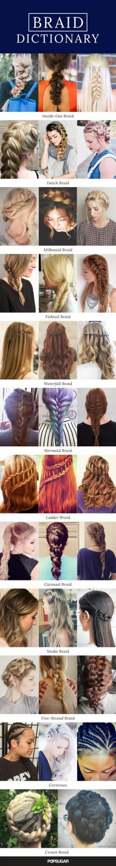 @louise0338 you need to experiment!! Hehe xxxx There are so many different braids out there — how many can you create? Everyone wants to master the new trendy style before a new one is invented. So, we've broken down every kind of plait (with gorgeous real-girl pictures and tutorials) for hairstyle inspiration. See photos of inside-out braids, dutch braids, milkmaid braids, fishtail braids, waterfall braids, mermaid braids, ladder braids, carousel braids, snake braids, five-strand braids, cornrows, and crown braids.