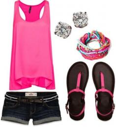 Lazy beach day pink tank top with shorts outfit 
                                        