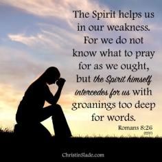 
                    
                        Likewise the Spirit helps us in our weakness. For we do not know what to pray for as we ought, but the Spirit himself intercedes for us with groanings too deep for words.
                    
                