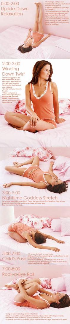 8-Minute Bedtime Workout: Yoga for Better Sleep Forget counting sheep.  The moves will relax your body and mind, but the best part is that you can do them all in bed! ~~~ I used to have a routine like this but I didn't bookmark it properly and I didn't have it memorized so I'm really glad to have found this!