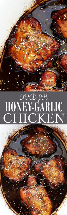 
                    
                        Crock Pot Honey-Garlic Chicken | www.diethood.com | Easy crock pot recipe for chicken thighs cooked in an incredibly delicious honey-garlic sauce.
                    
                