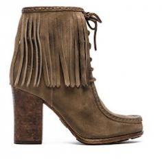 
                    
                        Dark brown suede fringe heeled boots
                    
                