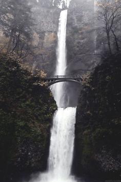 Double waterfall with bridge animated gif. Multnomah Falls in the Columbia River Gorge near Portland, Oregon
