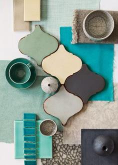 color palette - blues, charcoal, beige, natural.  Love this color combo!  Kitchen maybe....