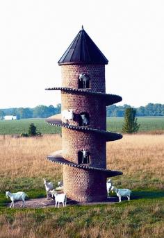 Tower of Baaa: One of 3 goat towers currently world-wide.  This one is in Findlay, Illinois, USA, built by David Johnson.  He has 34 Saanen milking goats that use the tower - #goat #castle #house #farm #pet