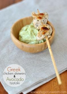 Grilled Greek Chicken skewers w/ Avocado Tzatziki dipping sauce. This is a must try, easy dinner recipe!