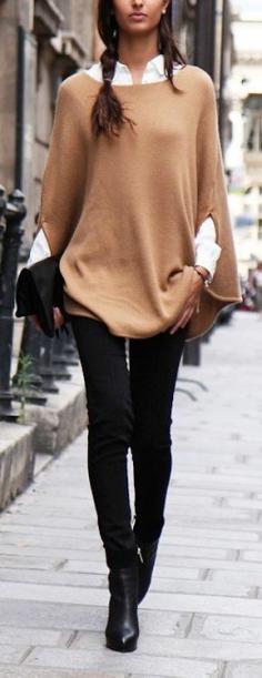 LE FASHION BLOG STREET STYLE CAMEL PONCHO WHITE BUTTON UP SHIRT SKINNY BLACK JEANS BLACK ANKLE BOOTIES