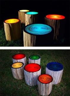 log stool painted with glow in dark paint. this will look good around the fire pit.