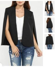 
                    
                        Cape blazer features sleeveless front with cape style back. This blazer is very versatile. Pair it with a pair of dark skinny jeans and a tank during the day and go into night with it over a cute cocktail or evening dress....SML...$64.99 ONLINE at WWW.PETUNIASOFNAP...
                    
                