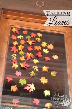 
                    
                        Do you dare to hot glue silk leaves to your glass door? I did this early fall decor with the leaves in the bottom of the fall decor crate. Country Design Style www.countrydesign...
                    
                