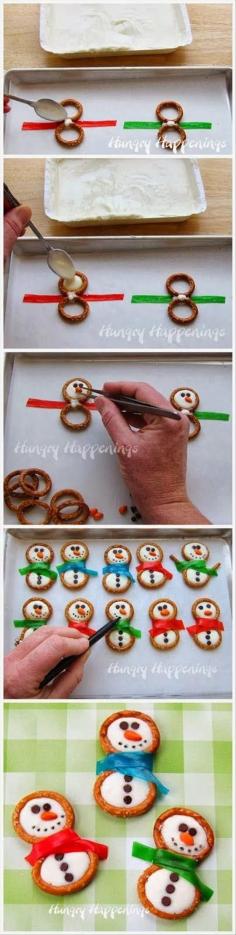 Another idea for Bs class Frosty Snowman Pretzels.  How cute! Should make these for our work holiday party