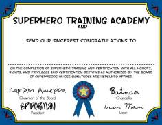 Superhero training certificate and party games