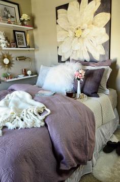 Guest Room Amethyst West Elm bedding with Ikea Ekby Shelves. Cute guest bedroom idea.