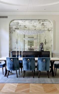 Studio William Hefner - dining rooms - dining buffet, velvet chairs, velvet dining chairs, blue velvet chairs, blue velvet dining chairs, iron dining table, iron base dining table x dining table, x base dining table, floor to ceiling mirror, antiqued mirror, floor to ceiling antiqued mirror,