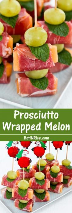 
                    
                        Prosciutto Wrapped Melon - an easy no-cook sweet salty appetizer perfect for the holidays. Use decorative food picks to make a fun and lovely presentation. | Food to gladden the heart at RotiNRice.com
                    
                
