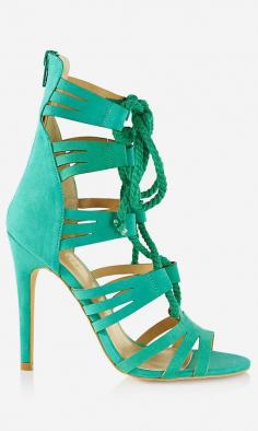 Express Rope Lace-Up Strappy Runway Sandal featuring polyvore, fashion, shoes, sandals, bright green, green sandals, strap high heel sandals, lace-up sandals, green shoes and high heel shoes
