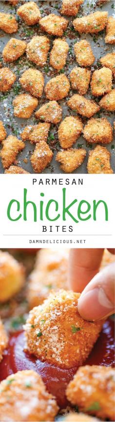 Parmesan Chicken Bites Baked - The best chicken nuggets you will ever have - crisp-tender and completely homemade with Parmesan goodness!