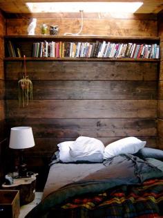 Cozy bedroom, book shelf headboard