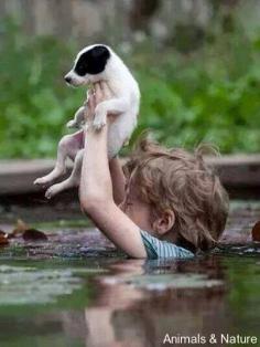 Brave little boy saving his puppy during floods in Serbia.