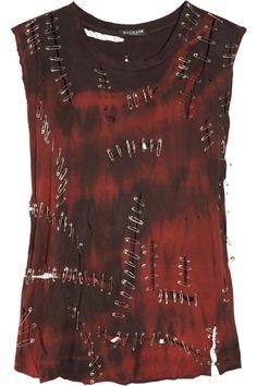
                        
                            BALMAIN Red and Black Distressed Safety pin cotton tank top-with a pair of combat boots and either black leather pants or distressed jeans with a chain belt- fabulous!
                        
                    
