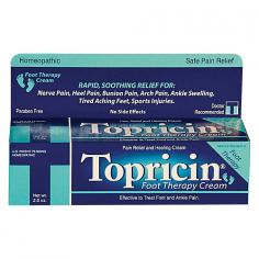 Topricin Foot Therapy Description: Pain Relief and Healing Cream Homeopathic Safe Pain Relief Foot Therapy Cream Every airline traveler should have Topricin Foot Therapy Cream in their bag. Ever have swollen ankles after getting off the plane? I have! this is the perfect size NO More swollen ankles for you! Free Of Petroleum mineral oil lanolin menthol capsaicin fragrances or irritating chemicals. Disclaimer These statements have not been evaluated by the FDA. These products are not intended to diagnose treat cure or prevent any disease. Product Features: Topricin Foot Therapy Directions Generously apply medicine 3-4 times daily or more often if needed covering an area of 3 inches on and around the affected area Massage medicine in until absorbed For best results re-apply medicine before bedtime and in the morning For sports applications use before and after work-outs and competition For acute trauma injuries apply immediately for best results (for sprains strains bruises impact and crushing injuries) Ingredients: Topricins patented combination of natural medicines is formulated to provide an array of benefits. Each ingredient passes through rigorous quality control procedure to ensure strength and Puity. These superior ingredients effect their action while concurrently conditioning and moisturizing your skin. The cream is odorless non-reasy and will not stain your clothing. Topricins hypoallergenic base is formulated for maximum absorption of its eleven medicines. Arnica Montana - For injuries and bruising to the muscles and joints. Arnica is considered especially useful for arthritis joint injuries and bruising (6X) Rhus Tox - For sprains arthritic pain and backaches (6X