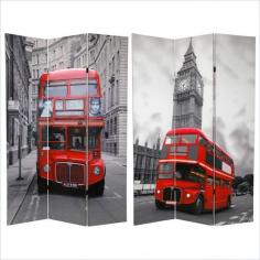 Oriental Furniture - Room Dividers - CANLONDON3 - Merry old London, one of the world's most famous cities and one of the original sources of American culture; mother city to the British commonwealth. The iconic double-decker bus, colorized in red against two beautifully shot and cropped black and white photos, creates an attractive decorative screen, ideal for today's modern eclectic approach to interior design. Beautiful design room divider with classic London icons: Big Ben and bright red double-decker buses. Solidly, sturdily crafted with durable, fine art quality cotton canvas prints, front and back. Light, strong panels, built from mitered, kiln dried Spruce wood frames. One of several large black and white photographs with colorized motor vehicles; unique, distinctive, compelling modern urban art. If the England or London holds a place in your heart, or interesting new pop art appeals to you and for your roommate, consider this unique, distinctive photo print room divider as an alternative to more mundane folding screens. Browse our entire Art Print Room Divider collection for more screens with images and architecture of the UK's largest city. Finish: multicolor Made of kiln dried spruce wood Fine art quality poly-cotton canvas covering the frame completely Folding screen Lightweight and strong panels Solid, durable and sturdy Specifications: Overall Dimensions: 71 H x 48 W x 1 DProduct Weight: 10lbs
