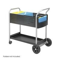 Durable all-steel construction. Modern design with black and silver finish. Top basket for legal-size folders. Lipped bottom shelf perfect for packages. Convenient handle and side pocket. 3 swivel casters and 8 rear wheels. Some basic assembly required. Top basket measures 32 inches front to back. 39.5L x 22.5W x 40.75H inches overall. The Scoot Mail Cart - 32 Inch offers a practical solution for moving files mail and packages all with a nice touch of modern styling. The top bin is sized to accommodate legal file folders while the bottom features a lip to keep packages and boxes on board during transit. There's also a handy side pocket for miscellaneous items. Navigating the Scoot Mail Cart is easy. Enjoyable even when you consider the ergonomically curved handle large 8-inch rear wheels and 3-inch swivel casters. With this kind of control you can hug corners weave around clutter and arrive with your cargo intact. Feel free to make vrooming and screeching noises as needed. This car features a durable all-steel construction so you can count on years of useful service around the home or office. About Safco ProductsSafco products were specifically developed to meet the changing needs of the business world offering real design without great expense. Each product is designed to fit the needs of individuals and the way they work by enhancing comfort and meeting the modern needs of organization in the workplace. These products encourage work-area efficiency and ultimately work-life efficiency: from schools and universities to hospitals and clinics from small offices and businesses to corporations and large institutions airports restaurants and malls. Safco continues to offer new colors new styles and new solutions according to market trends and the ever-changing needs of business life. This convenient mail cart has a 300-pound capacity and is able to hold up to 120 legal folders. It rolls smoothly on two 3-inch casters, which lock, and two 8-inch wheels for additional stability. With plenty of storage space, this cart also features a side pocket to keep things organized.