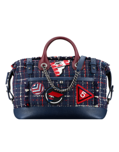 Bowling handbag, tweed, crests & grained calfskin-navy blue & burgundy - CHANEL