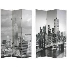 Oriental Furniture 2-Sided, 3-Panel New York Scenes Room Divider Make an impression by drawing a line and giving them your best Big Apple. This room divider shows two extraordinary images of the architecture of America's most famous city: one a stately image of the Empire State Building, dominating the daytime skyline, and the other the storied Brooklyn bridge, beautifully lit in a nighttime photo before the attacks of September 11th. Adorn your living room, bedroom, dining room, home office or business with these lovely interior design elements. What You Get Room divider