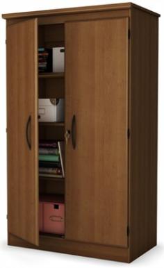 Storage Cabinet Morgan cherry by South Shore 7276970. A simple and stylish two door floor cabinet offering functional storage options. Perfect for the home office, bedroom, basement and even garage. It features shaped locking doors (lock included), 4 shelves (3 adjustable, 1 fixed) and the top shelf is full width and adjustable. Middle shelf is full width, fixed at 27-3/4-inch from bottom and has a centre support. It features 2 lower shelves; one on each side of the centre support are adjustable and the adjustable shelves can be adjusted to 5 different heights( 2-1/2-inch gap). It features plastic handles with a black finish. The floor cabinet is fully finished inside. It is shown in Morgan Cherry finish. It is also available in royal cherry, in solid black and in chocolate. In addition, it has been designed to perfectly match any South Shore Furniture's item in Morgan Cherry finish. Measures 35-inch wide by 19-inch deep by 60-inch high. The weight capacity for the adjustable shelves is 35 pounds and for the middle fixed shelf is 100 pounds. It is made of recycled CARB compliant particle panels. It has to be assembled by two adults. It is delivered in one box measuring 66-3/4-inch by 21-3/4-inch by 8-1/2-inch and weighs 125 pounds. Tools are not included. 5 year warranty. Made in Mexico. Wipe clean with a dry cloth. Specification This item includes: SS-7276970 Collection Storage Cabinet - Morgan cherry - South Shore 37L x 20D x 60H Please refer to the Specifications to determine what items are included since sometimes the image shows more or less items. If you are not sure, please contact us and our customer service will be glad to help.