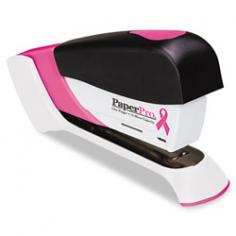 Powers through paper with just 1 finger! Up to 80% easier to use than standard staplers. Soft rubber grip for comfortable stapling. Stands horizontally or vertically for added flexibility. Convenient staple remaining window lets you know when its time to refill. Power drives staples through up to 15 sheets of paper. Pink Ribbon design expresses support for those who are diagnosed with breast cancer. PaperPro will donate $1 from the sale of each Pink Ribbon Stapler to CancerCare(R), a non-profit organization providing free services to people facing a cancer diagnosis. PaperPro Staplers & Staples part of a large selection of office supplies. PaperPro(R) Breast Cancer Awareness Compact Desktop Stapler, Pink/White is one of many Reduced Effort & Basic Staplers available through Office Depot. Made by PaperPro.