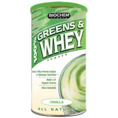 Biochem by Country Life - 100% Greens & Whey Powder Vanilla - 22.7 oz. (1.42 lb. / 655.6 g) Country Life Biochem 100% Greens & Whey powder contains 100% pure Ultra-Filtered/Micro-Filtered (UF/MF) Whey Protein Isolate. The Micro-Filtration method isolates the natural whey proteins in a highly concentrated form without fat. High BCAA levels support your muscles while supporting positive nitrogen balance for muscle maintenance. You need adequate protein to support muscle. Free of artificial hormones including rBST and rBGH. About 100% Greens & Whey Powder Adequate nutrition keeps the body healthy. The 100% Greens & Whey blend provides phytonutrients. Alfalfa Leaf Juice Powder and Organic Barley Grass Juice Powder are rich in chlorophyll. Both chlorella and spirulina provide the goodness of natural whole foods. Available in Vanilla and Chocolate flavors. Supplement Facts, Directions and Ingredient listings may vary slightly due to the difference in flavoring. Refer to product label. Typical Amino Acid Profile Amino Acid g/serving Amino Acid g/serving Amino Acid g/serving Aspartic Acid 2.22 Valine 1.18 Lysine 1.71 Threonine 1.49 Isoleucine 1.32 Arginine 0.39 Serine 0.92 Leucine 1.98 Proline 1.23 Glutamic Acid 3.03 Tyrosine 0.48 Cysteine 0.46 Glycine 0.37 Phenylalanine 0.57 Methionine 0.39 Alanine 1.14 Histidine 0.24 Tryptophan 0.17 Biochem SportsEach product within the Biochem Sports and Fitness Systems has been carefully formulated to target the right enzymatic systems within the body so that each individual can achieve the pinnacle of performance. Each product is unique and nutritionally balanced to provide maximum performance. In formulating the Biochem Sports and Fitness Systems, Country Life has taken into consideration the special needs of both anabolic and aerobic fitness. However, no sports program can work without proper diet and good health habits. Athletes should consult diet guides appropriate to their specific sport.