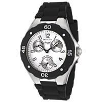 There's no going wrong with this simple and graceful lady's timepiece from Invicta. A sleek black ceramic band, rich rose-tone and luminous hands, and a 30m water resistance flaunt your grace from dinner dates to pool sides. Add this beauty to your collection today. SKU: INVICTA-0733 There's no going wrong with this simple and graceful lady's timepiece from Invicta. A sleek black ceramic band, rich rose-tone and luminous hands, and a 30m water resistance flaunt your grace from dinner dates to pool sides. Add this beauty to your collection today. Series: Angel Movement: Quartz Case Diameter (mm.):38 Case Thickness (mm.):11 Bezel Material: Ion Plated Stainless Steel Luminous: Hands Weight (g.):66 Gender: Women Case Shape: Round Case Finish: Polished Case Color: Silver-Tone Case Material: Stainless Steel Case Back Material: Stainless Steel Case Back Type: Screw-down Crown Type: Push/pull Crystal Type: Flame-Fusion Bezel Color: Black Bezel Special: Unidirectional Hand Color(s):Black and Luminous Hour and Minute. Black Subdials. Dial Color Primary: Silver-Tone Dial Finish: Polished Dial Markers: Arabic Numerals Subdials I:30 minute Subdials II:60 minute Subdials III: Day of the week Subdial Color: Silver-Tone Subdial Finish: Polished Band Color: Black Band Type: Strap Band Material: Polyurethane Movement Complication: Chronograph Movement Origin Country: Japan Movement Caliber: TMI VD76 Water Resistance:30M Band Length (in.):8 Band Width (mm.):22 Clasp Type: Buckle